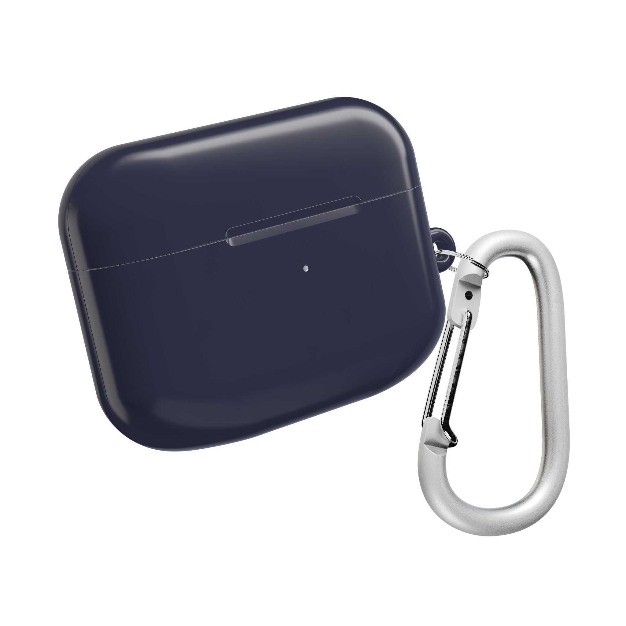 Deep Blue AirPods protective case with hard shell, glossy finish, and attached silver carabiner clip