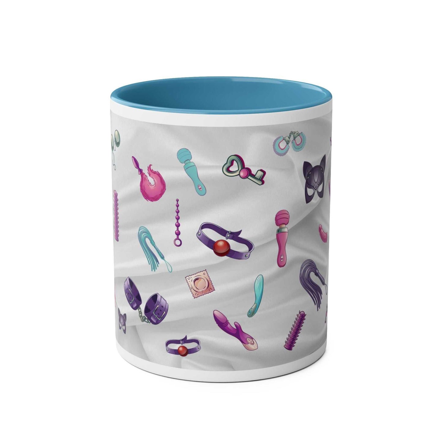 Colorful fun sex toy coffee mug with playful design, available in 7 colors, glossy finish, 11oz ceramic, microwave and dishwasher safe.