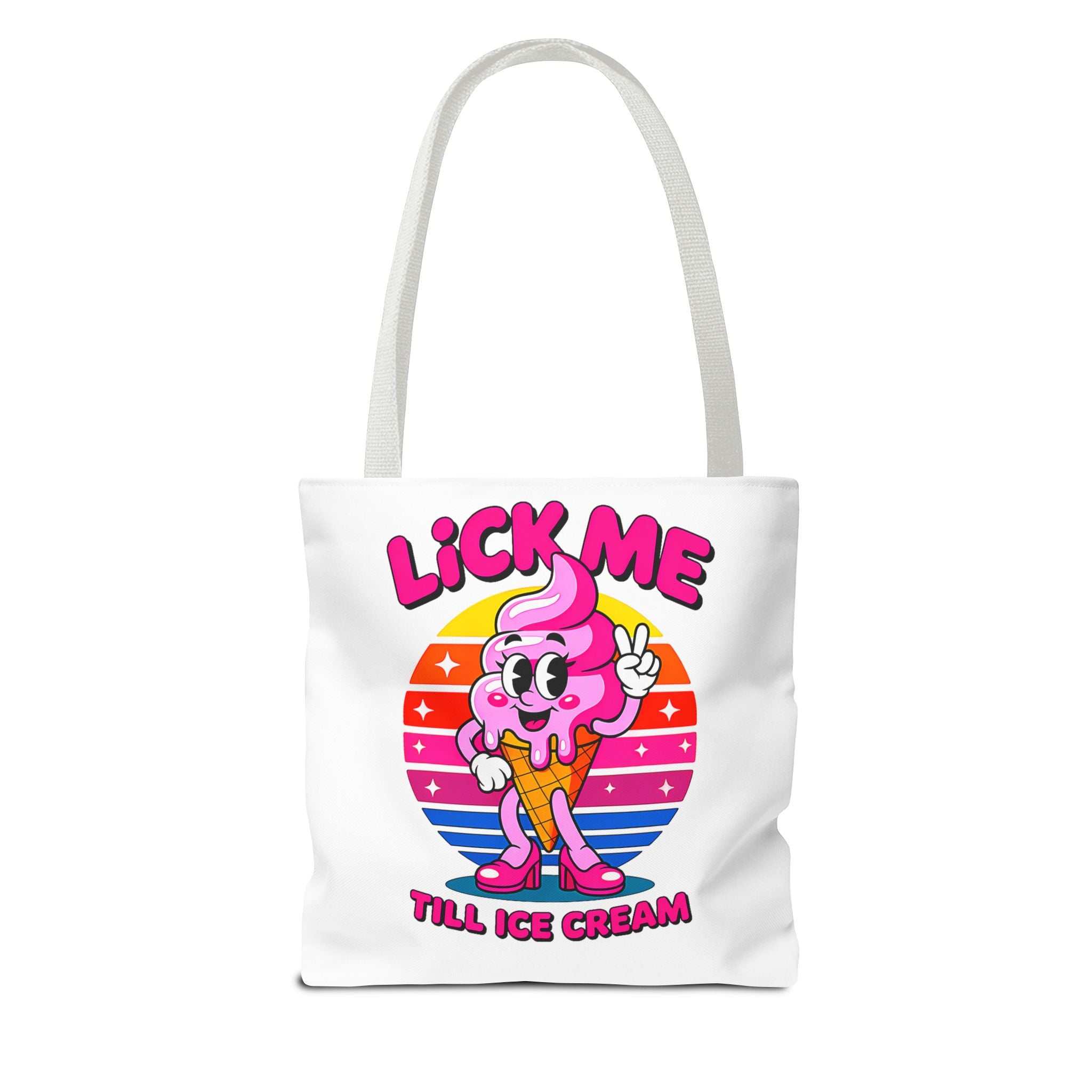 Lick Me Till Ice Cream Tote Bag with cheeky design, durable spun polyester, multiple sizes and handle colors, perfect for daily use