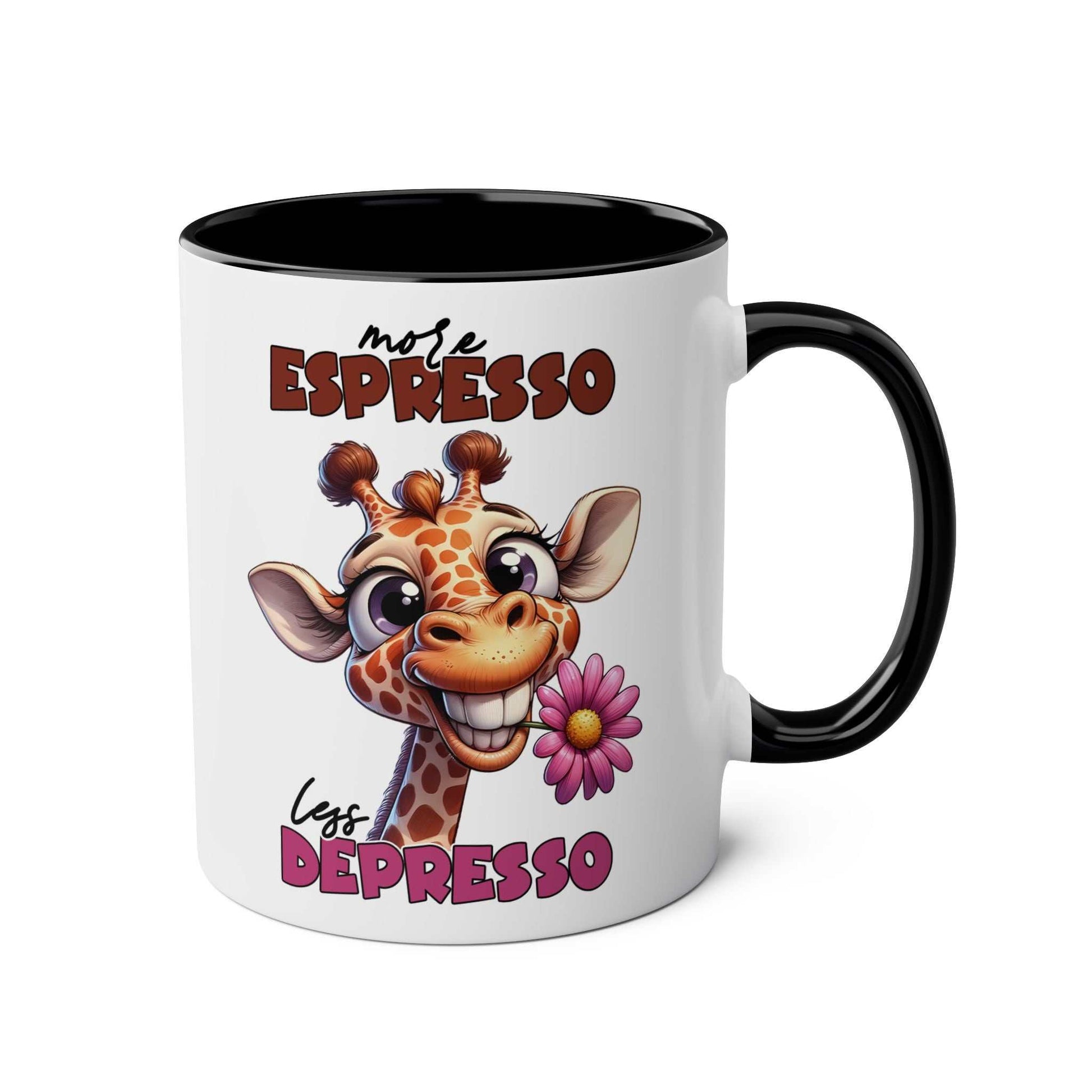 More Expresso Coffee Mug with a quirky giraffe design, sublimation printed, glossy finish, available in 7 colors, 11oz ceramic, microwave and dishwasher safe.