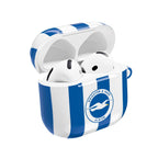 Brighton FC AirPods case with blue and white stripes and club crest, durable protective hard shell.