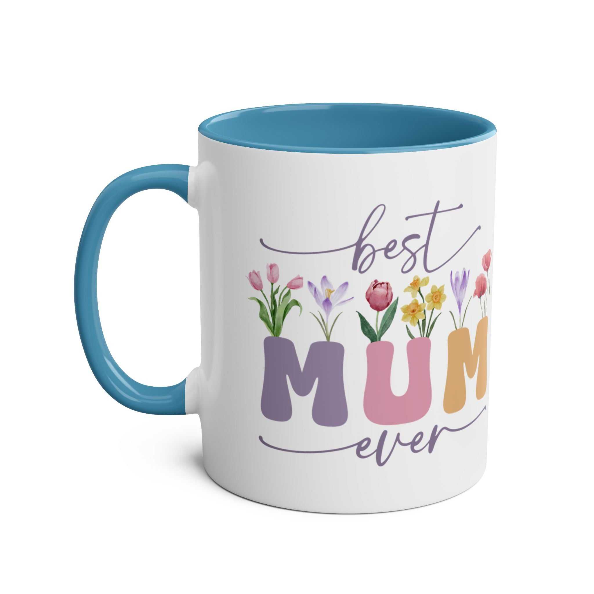 Best Mum Ever Mother's Day gift mug with colorful floral design and blue handle.