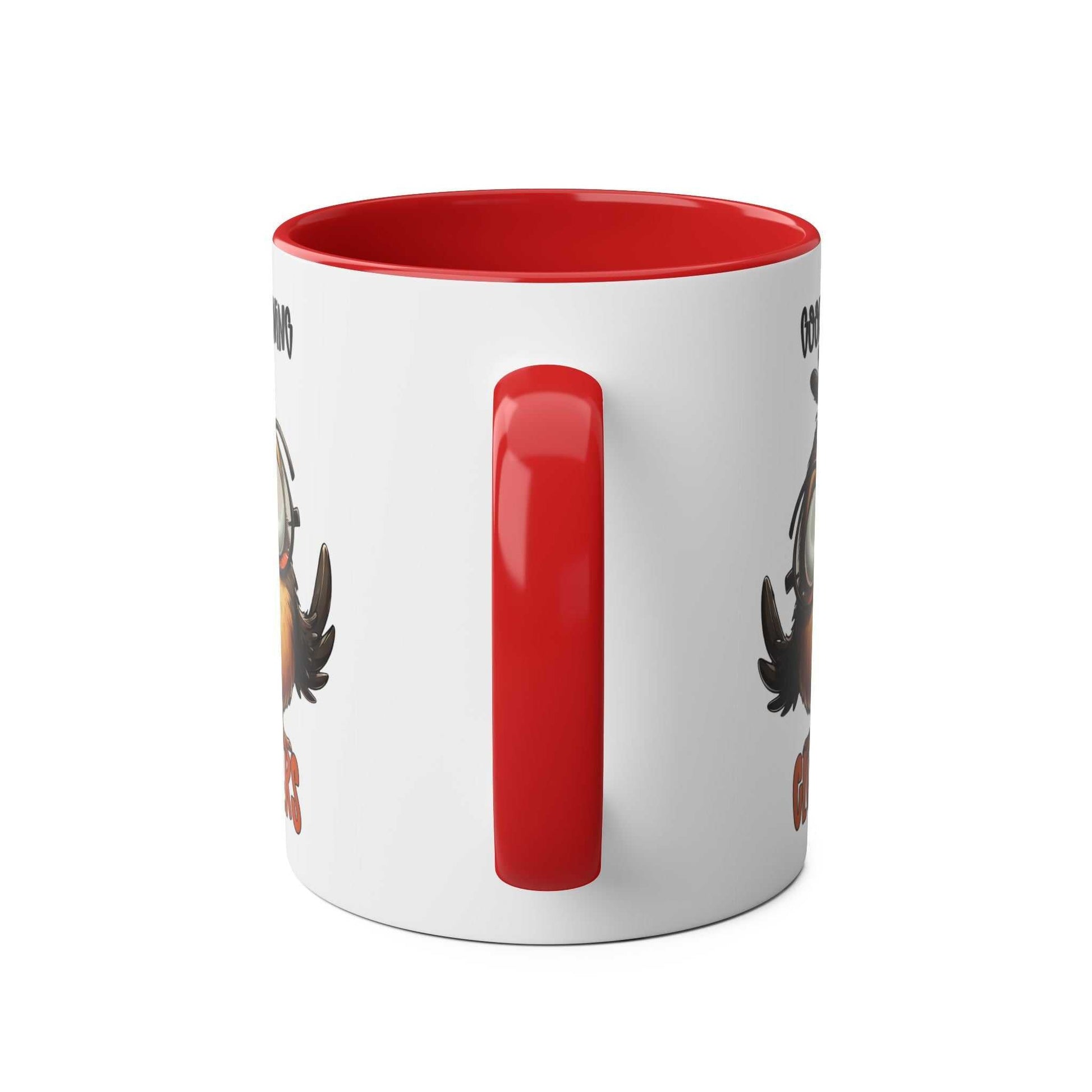 Quirky red-handle Morning Cluckers Coffee Mug featuring a humorous chicken design.