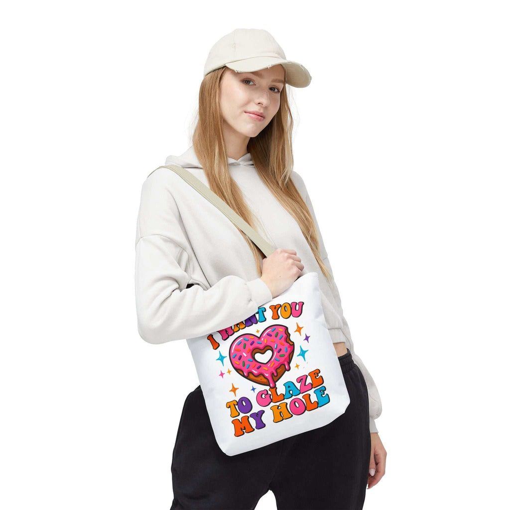 Glaze My Hole Donut Tote Bag with cheeky donut design and colored handles