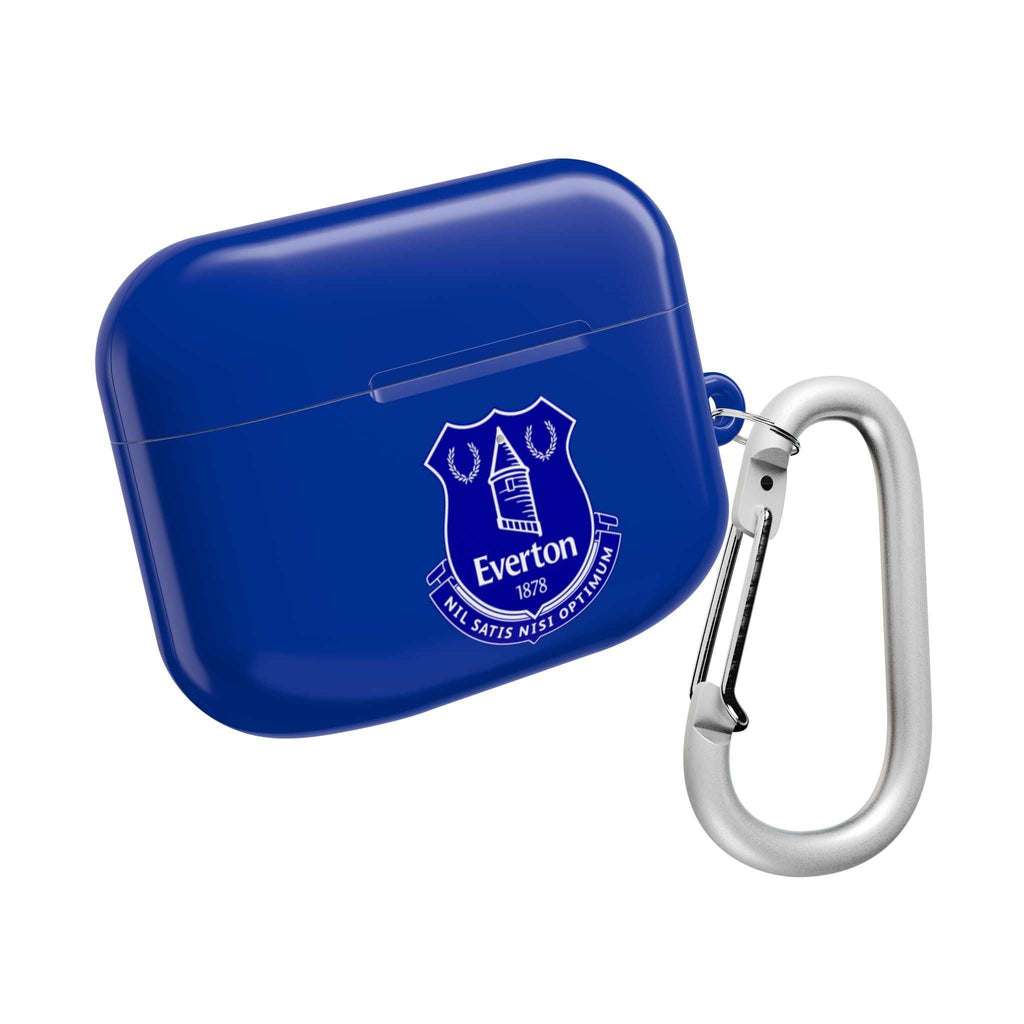 Everton FC AirPods protective hard case in blue with club logo and metal carabiner clip