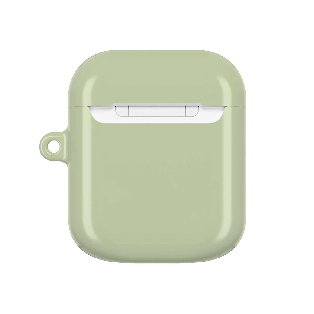 Sage green hard shell AirPods protective case with glossy finish and wireless charging compatibility