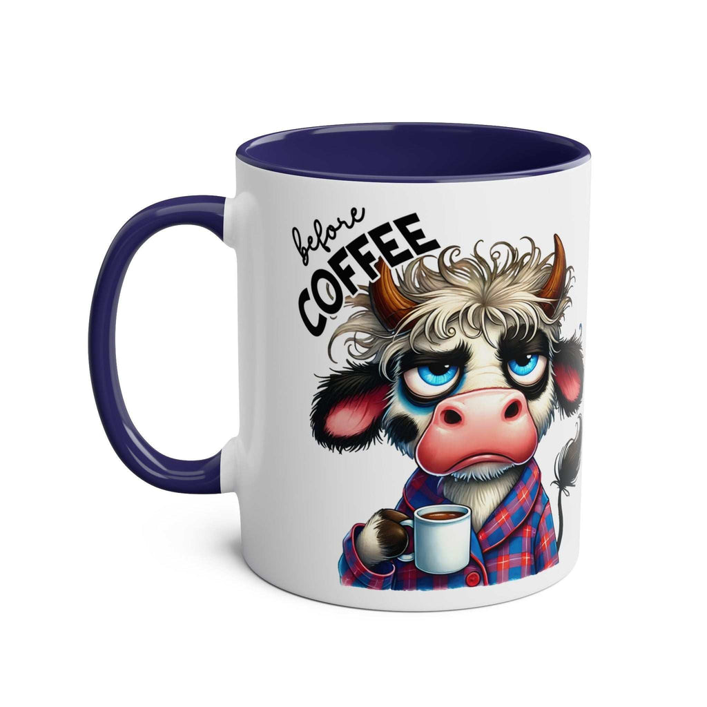 Humorous fun sarcastic coffee mug with cartoon cow design, perfect for coffee lovers.
