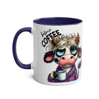 Humorous fun sarcastic coffee mug with cartoon cow design, perfect for coffee lovers.