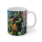 Ninja Turtles inspired mug with vibrant turtle graphic, 11oz ceramic, glossy finish.