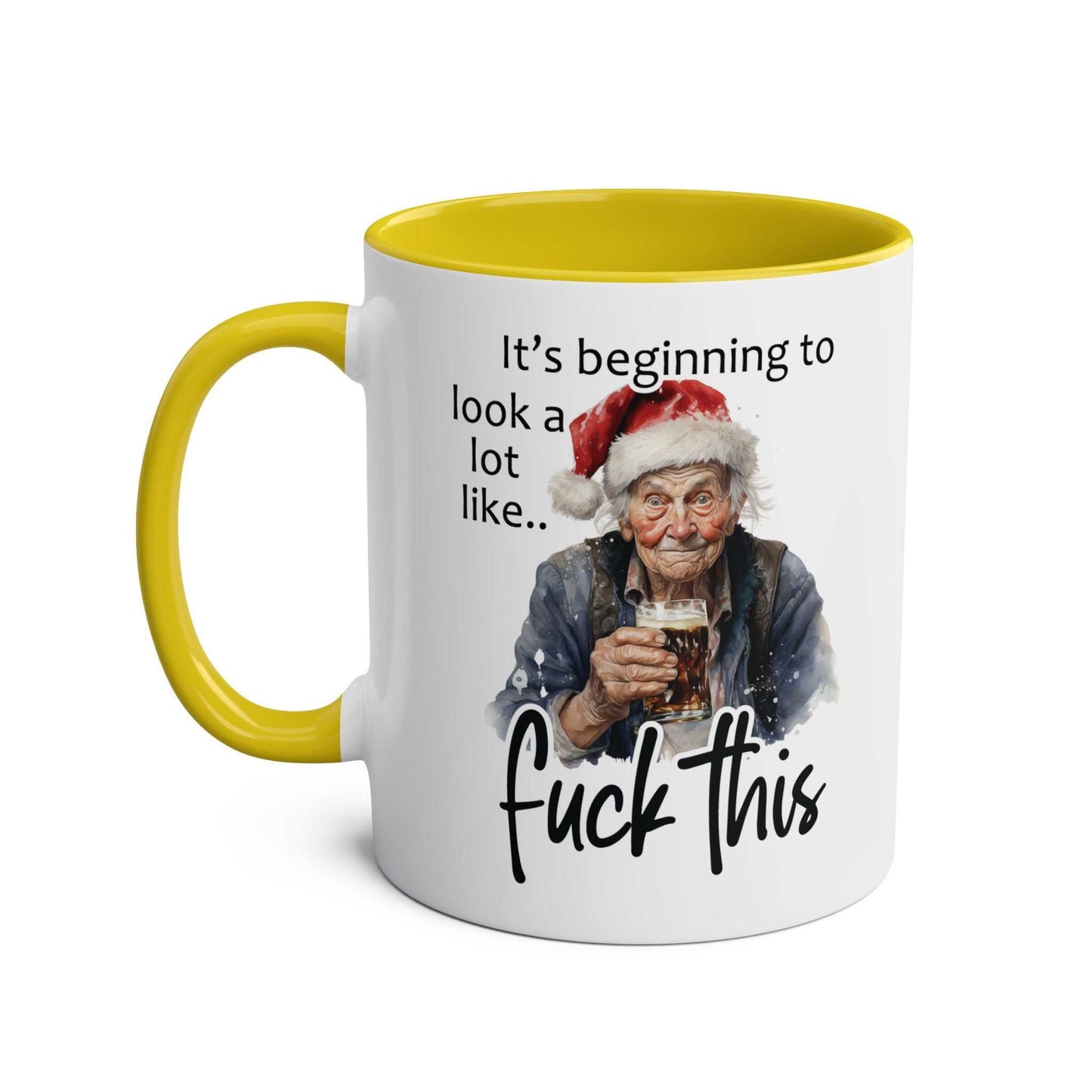 Sweary Granny Christmas Mug with funny festive design, yellow interior, and handle.