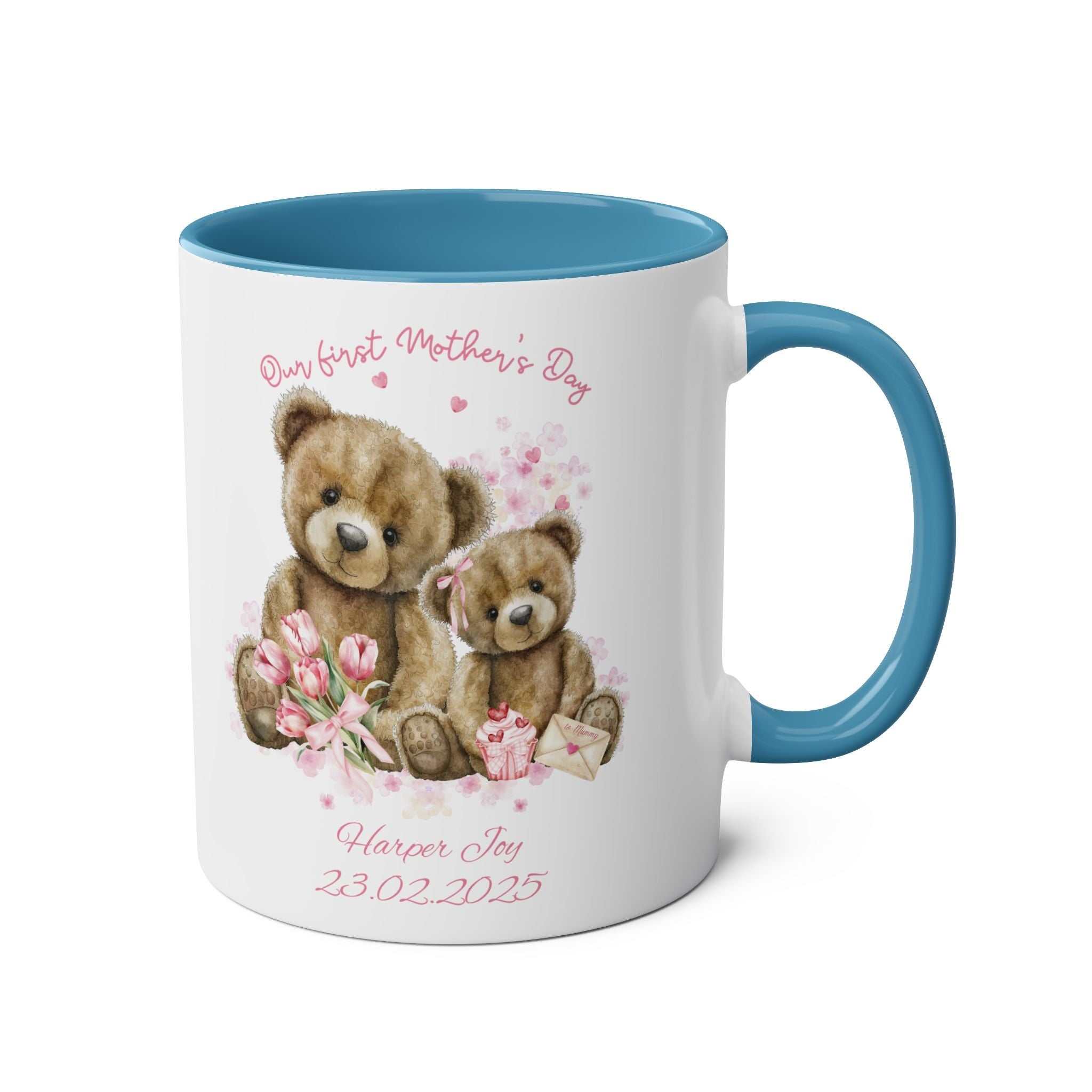 Our First Mother's Day personalized gift mug with teddy bears and floral design.
