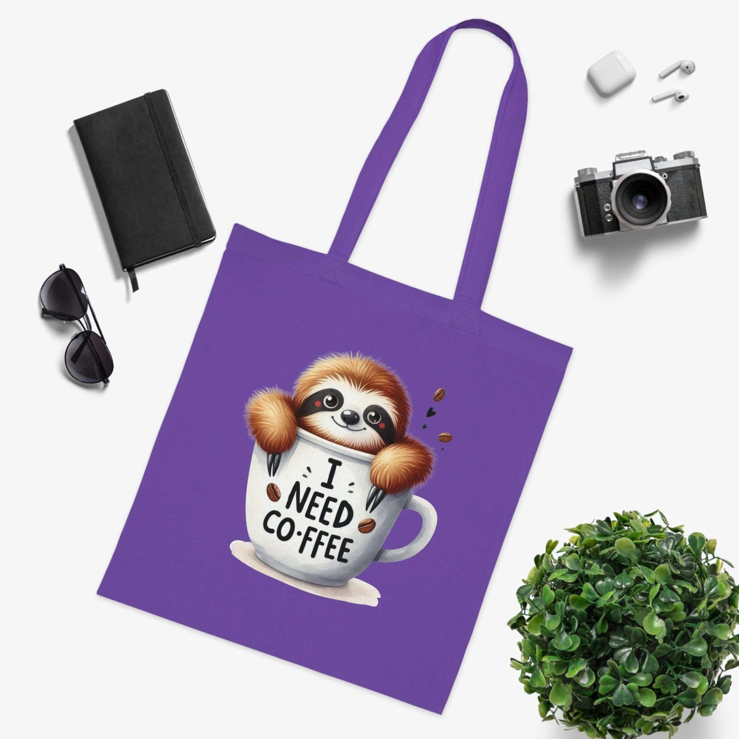 Cotton tote cute sloth bag with vibrant design and coffee theme, featuring 100% durable cotton fabric.