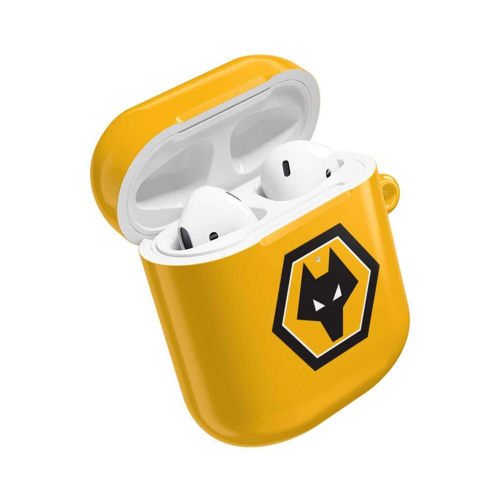 Wolves FC AirPods protective case in gold with wolf crest, durable and wireless charging compatible