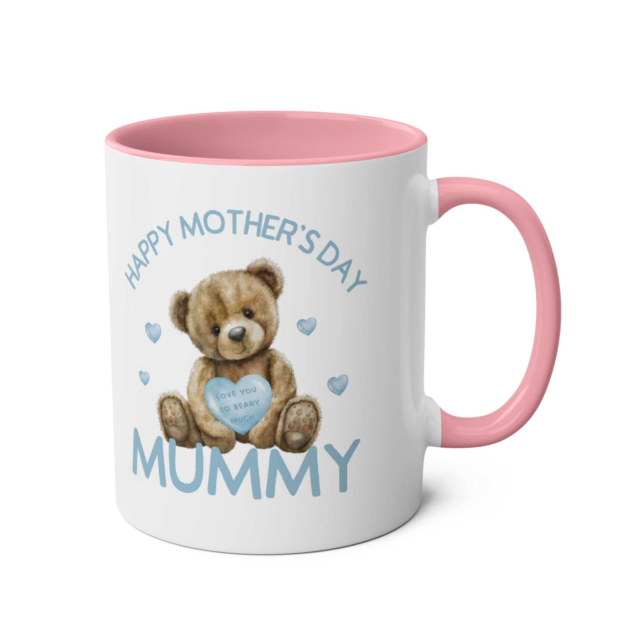 Cute bear design Mother's Day mug with pink interior and handle.