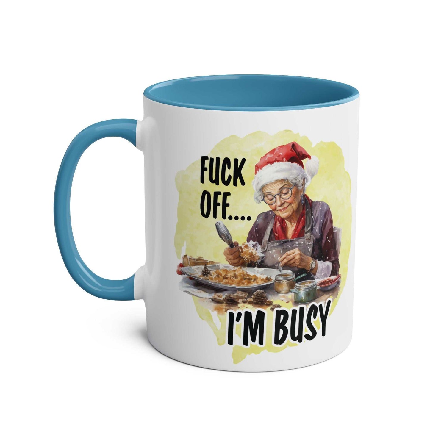 Sweary Granny Christmas Mug with festive design and humorous text, blue handle, ceramic, 11oz.