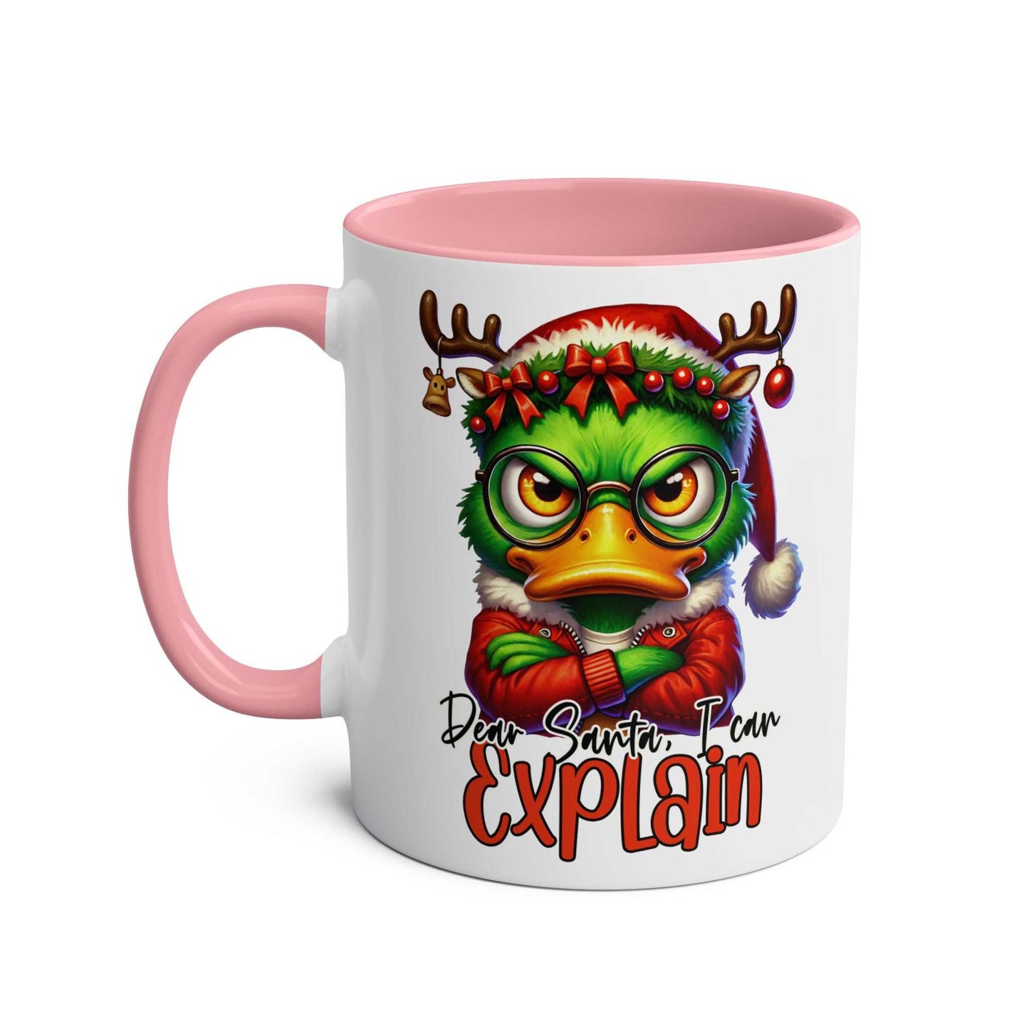 Sarky Christmas Mug with sassy duck design, 11oz ceramic, pink handle, sublimation print, dishwasher safe.