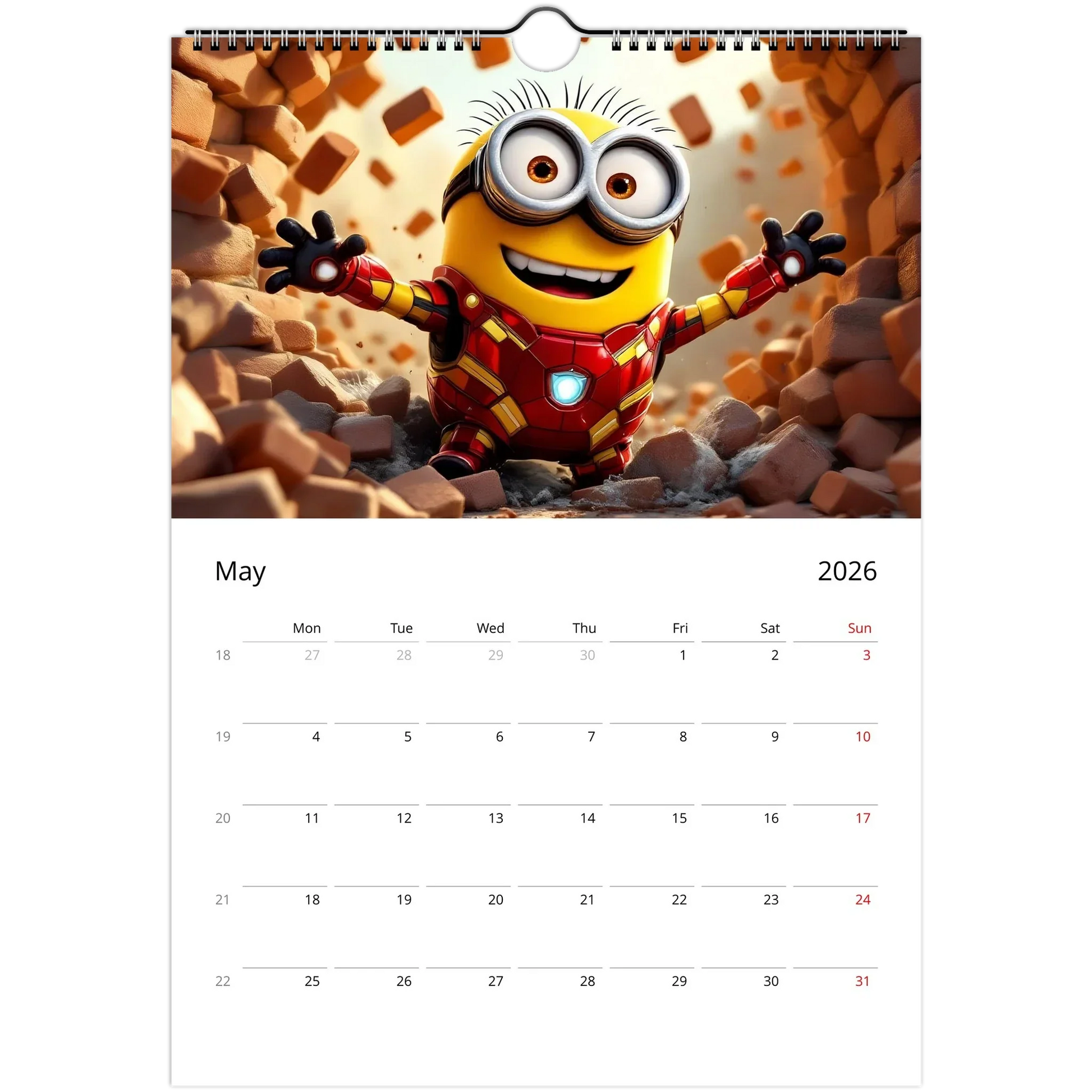 2026 Minions Superhero Wall Calendar with vibrant Minion in Iron Man costume and large date squares for notes