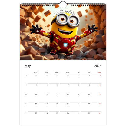 2026 Minions Superhero Wall Calendar with vibrant Minion in Iron Man costume and large date squares for notes