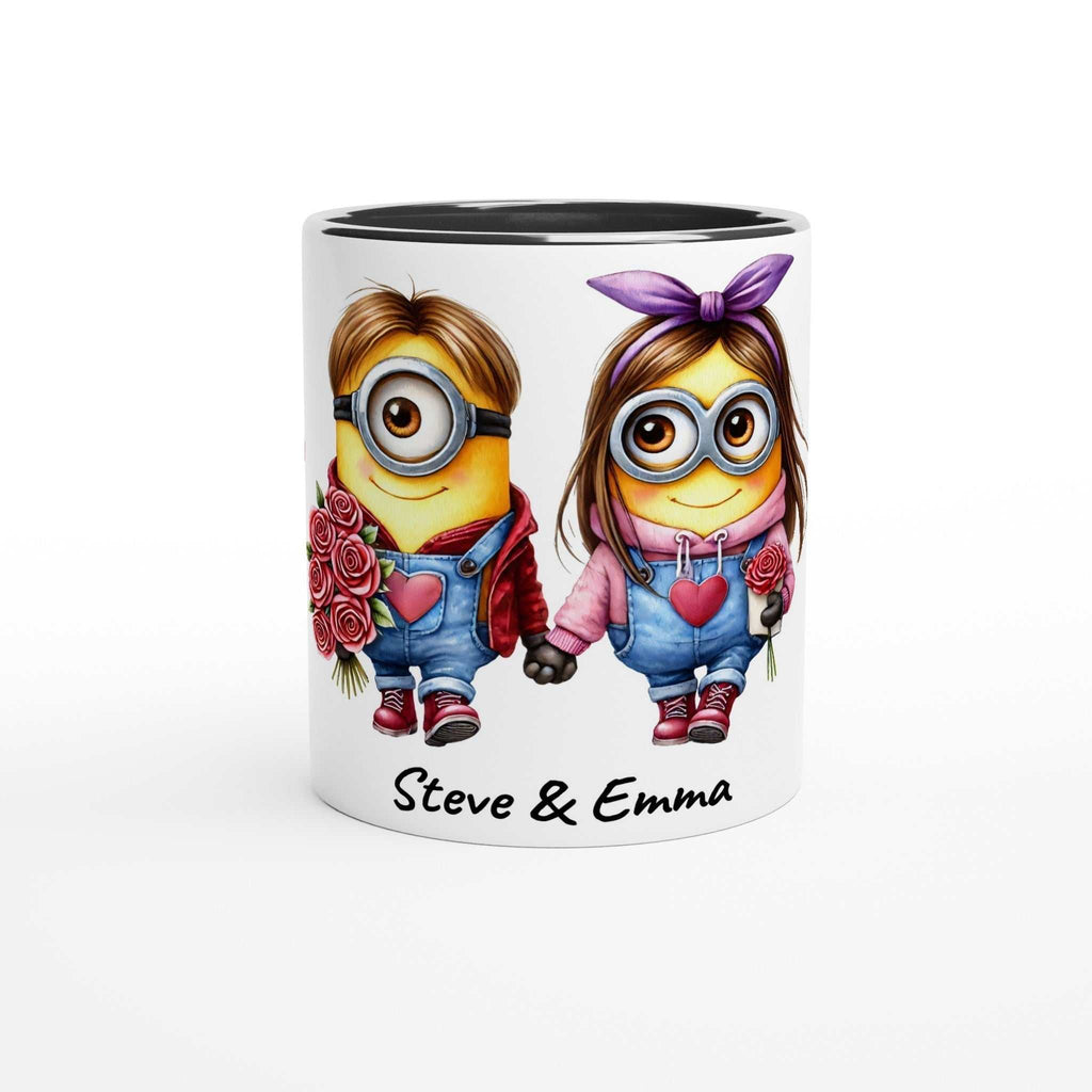 Cute Minions personalised Valentins mug with vibrant design and custom names.