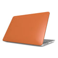 Bold orange protective case on slim MacBook with vents and port access