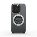 Silver magnetic ring phone holder attached to smartphone for secure grip and hands-free use
