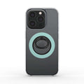 Teal green magnetic ring phone holder attached to smartphone for secure grip and hands-free use