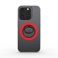 Red magnetic ring phone holder attached to smartphone for secure grip and hands-free use