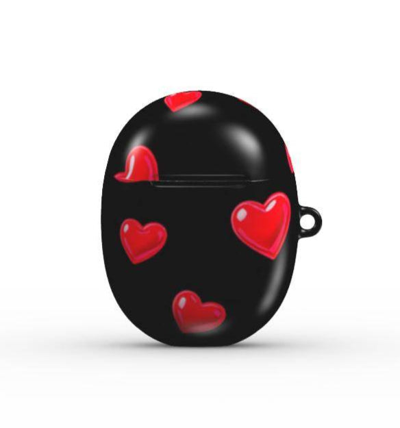 Black air pod case with red heart patterns on a white background