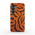 Orange tiger print Samsung dual layer phone case with shock-absorbing TPU liner and glossy finish