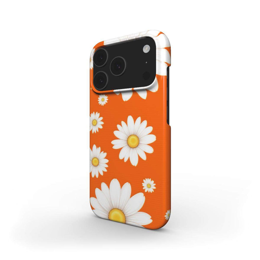 Orange Daises Slim iPhone Case with glossy finish, lightweight slim design, and white daisy pattern on orange background