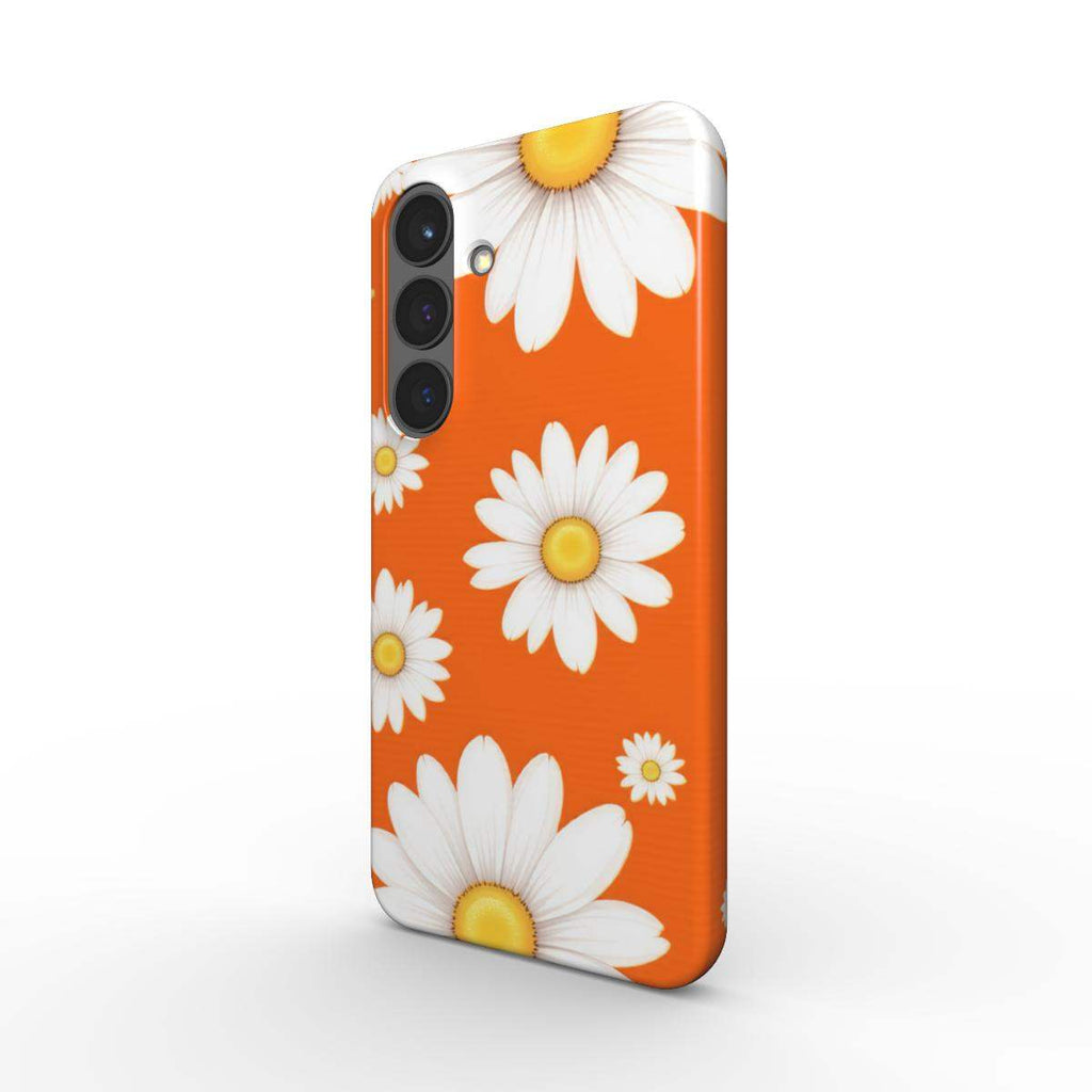 Slim Samsung phone case with orange daisies design and glossy finish