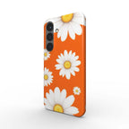Slim Samsung phone case with orange daisies design and glossy finish
