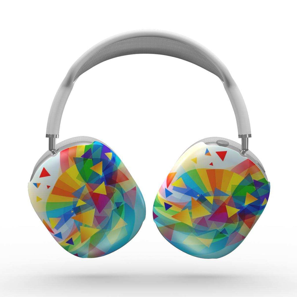 Geometric Pride Apple AirPods Max case with vibrant multicolor geometric pattern, lightweight and protective cover for headphones.
