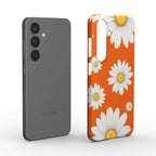 Orange Daises slim glossy Samsung phone case with white daisy flower design on orange background