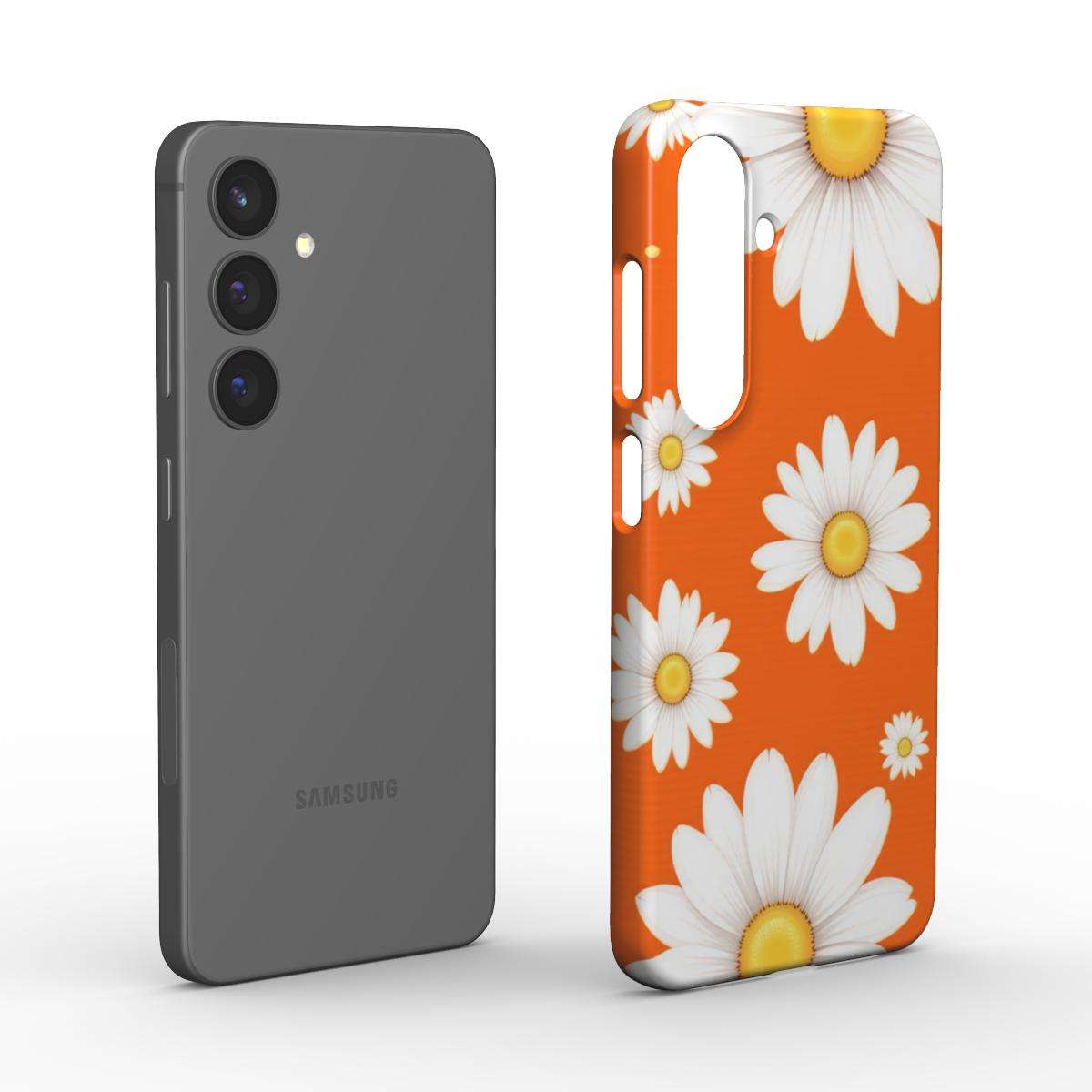 Orange Daises slim glossy Samsung phone case with white daisy flower design on orange background