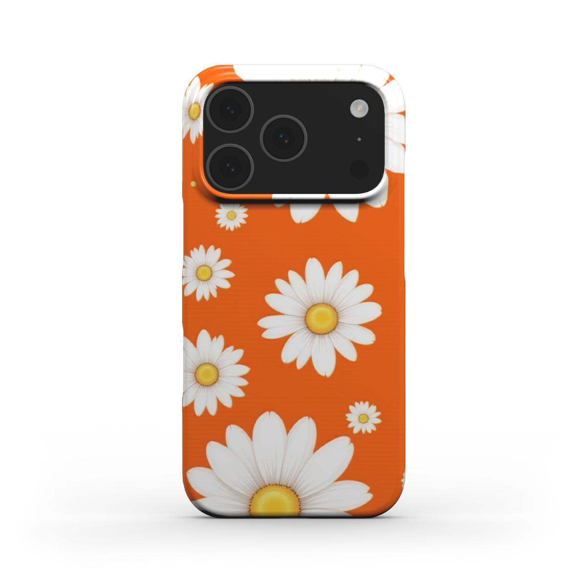 Orange Daises Slim iPhone Case with glossy finish and lightweight design featuring white daisy flowers on an orange background