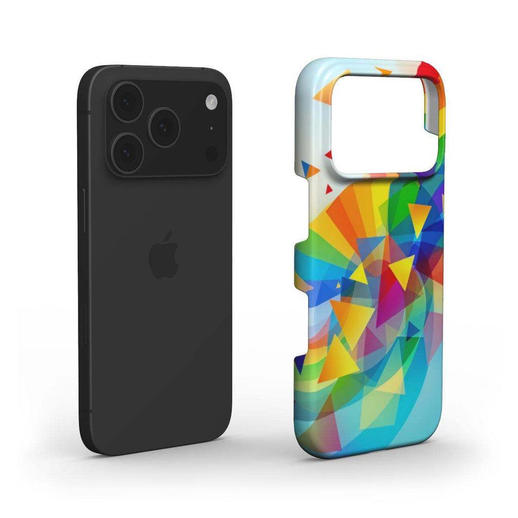 Colorful geometric pattern pride design on slim glossy iPhone case next to black iPhone with triple camera.