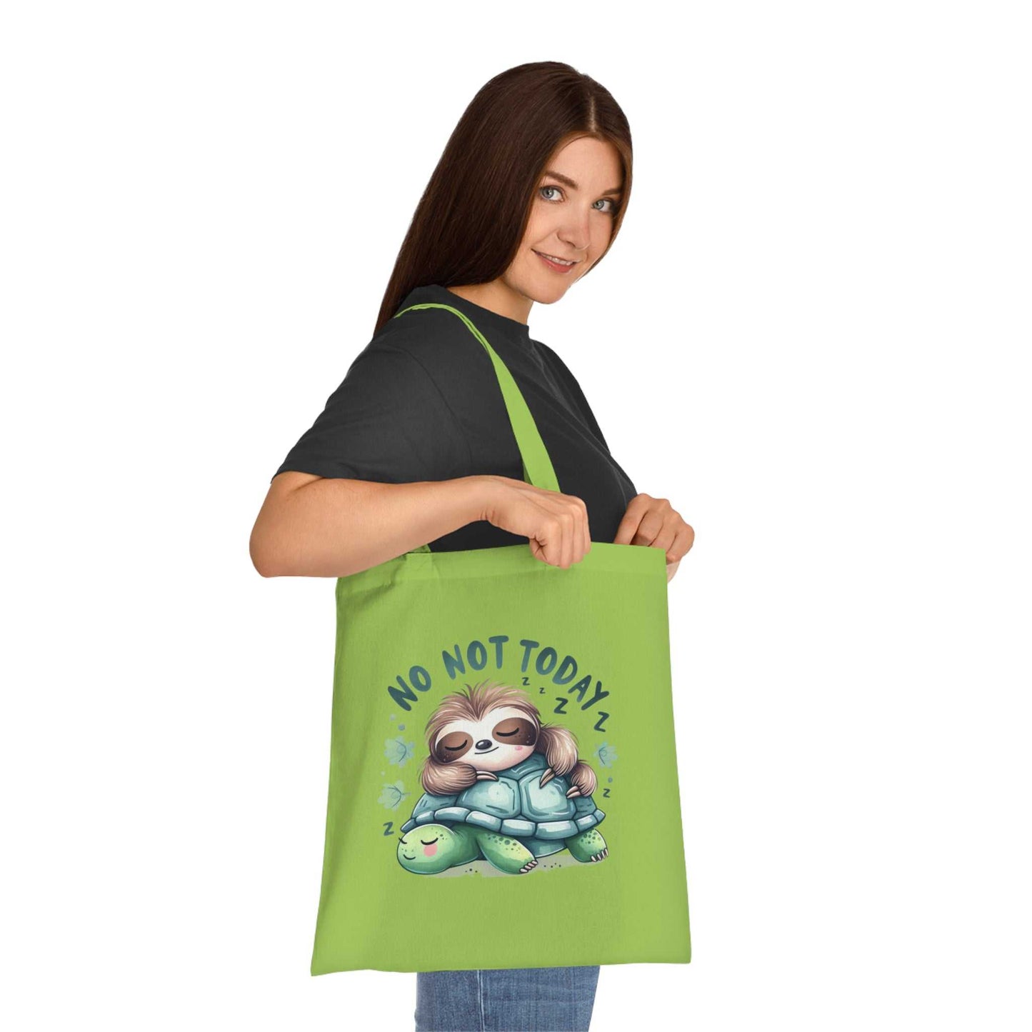 Cute sloth tote bag in green with "No Not Today" design, featuring vibrant colors and playful style.