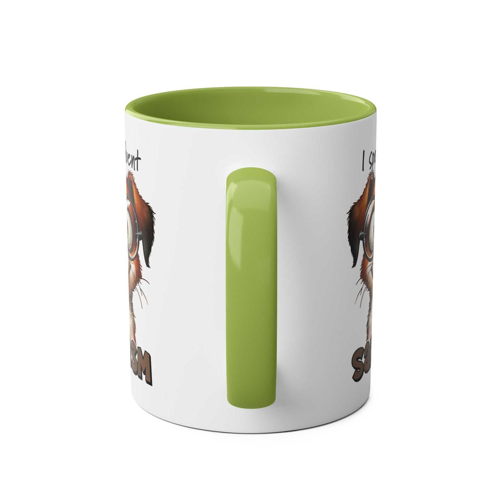 Green-handled sarcasm coffee mug with quirky dog design in glossy finish.