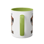 Green-handled sarcasm coffee mug with quirky dog design in glossy finish.