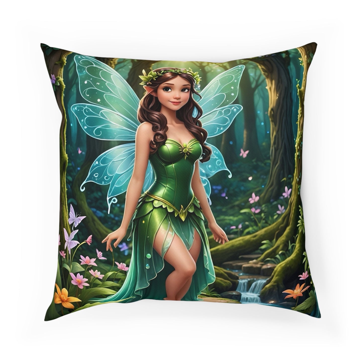 Beautiful fairy cotton drill square cushion with enchanting design.