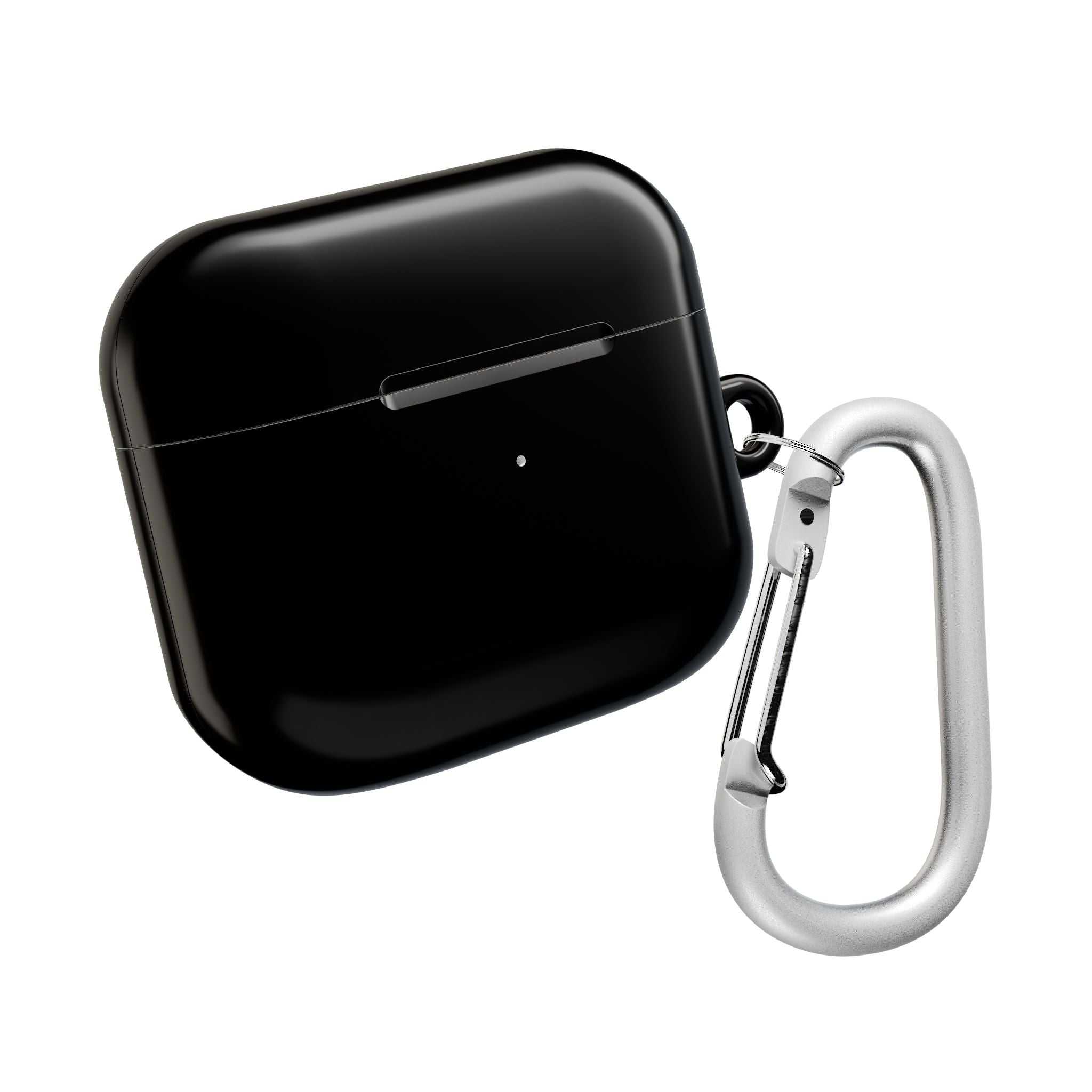 Black AirPods Pro protective case with glossy finish and attached silver carabiner clip