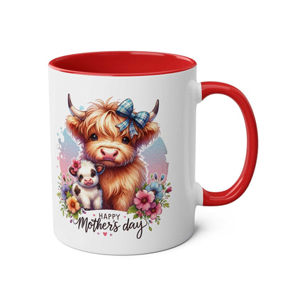 Cute Highland Cow Mother's Day gift mug with red handle, featuring a charming cow illustration and floral design.