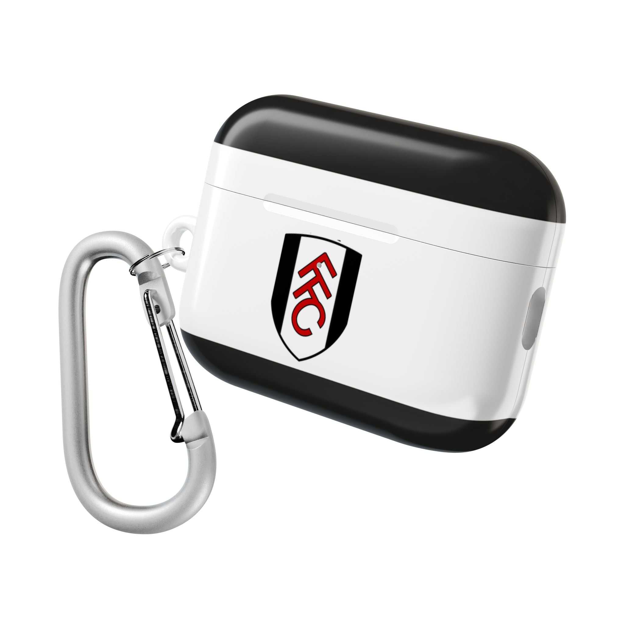 Fulham FC AirPods protective hard case with black and white club crest and carabiner clip