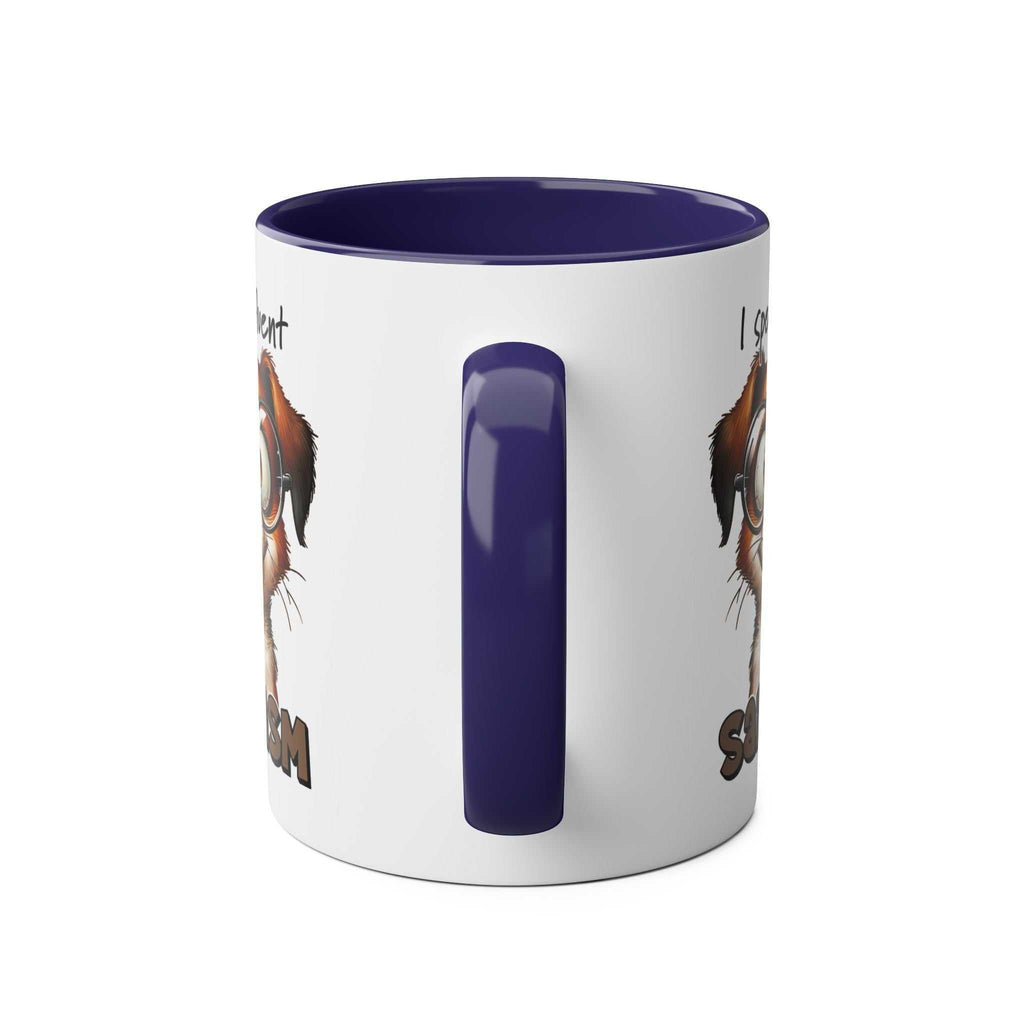 Sarcasm Coffee Mug with quirky dog design and blue handle.