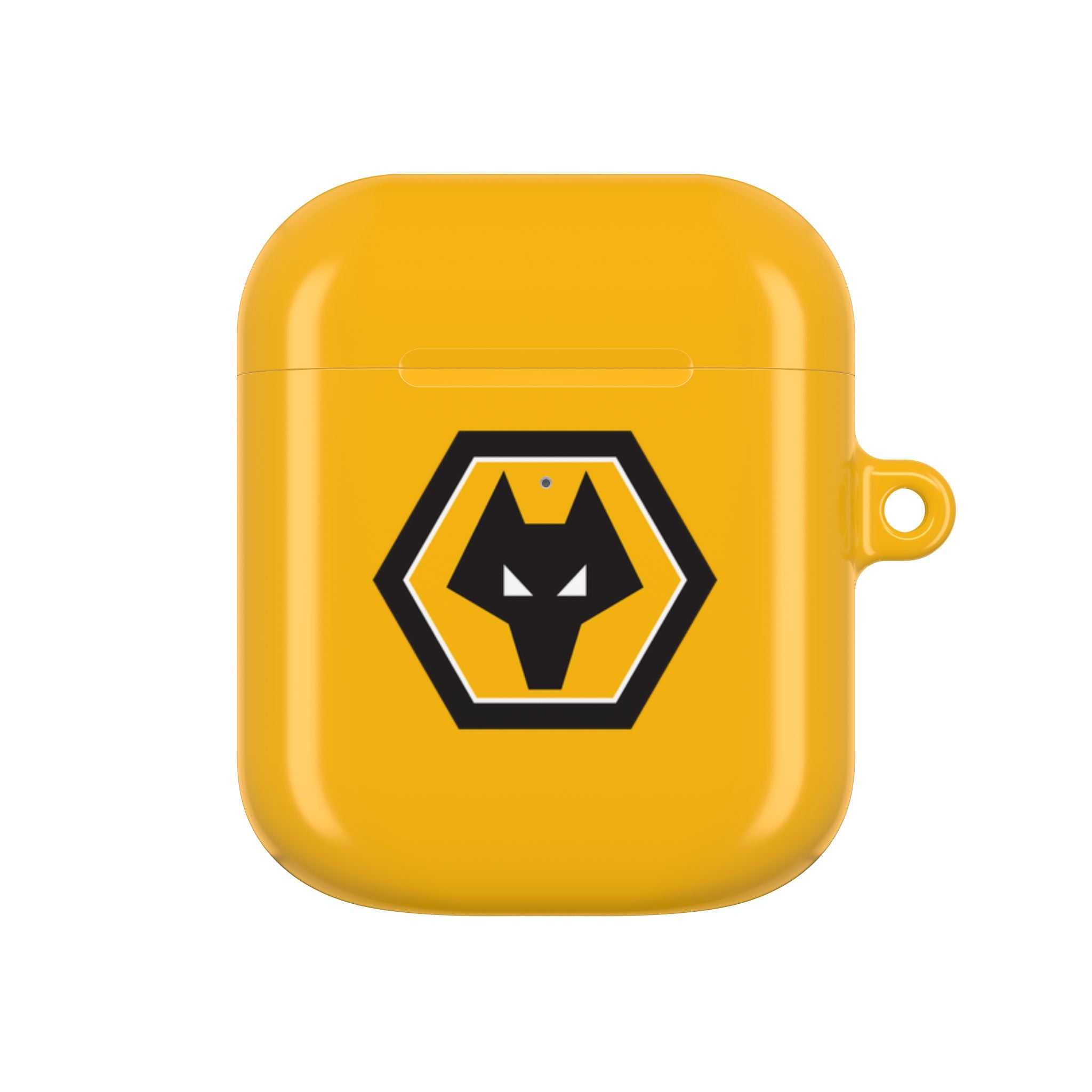 Wolves FC AirPods protective case in gold with wolf crest and glossy finish