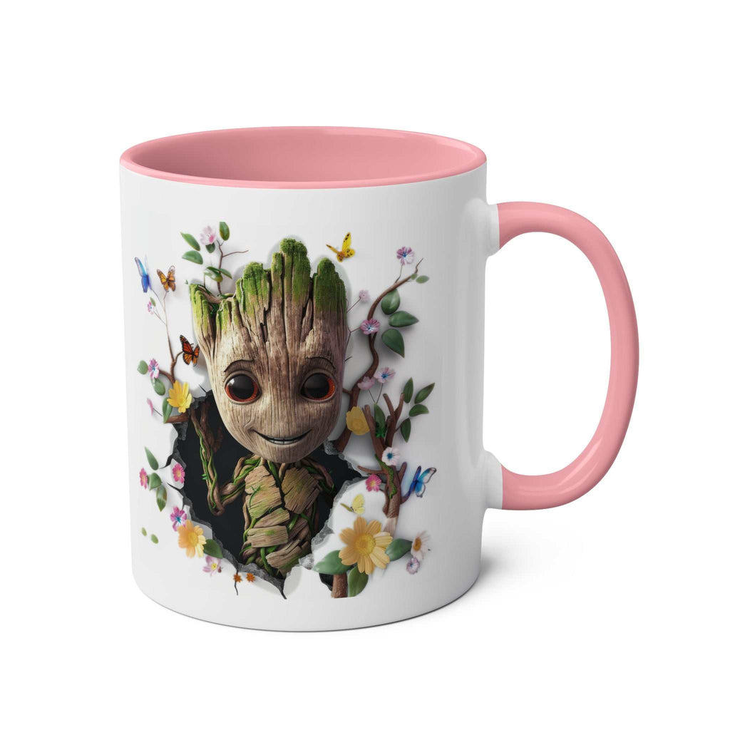 Baby Groot themed mug with colorful design, available in 7 colors, 11oz ceramic, microwave and dishwasher safe.