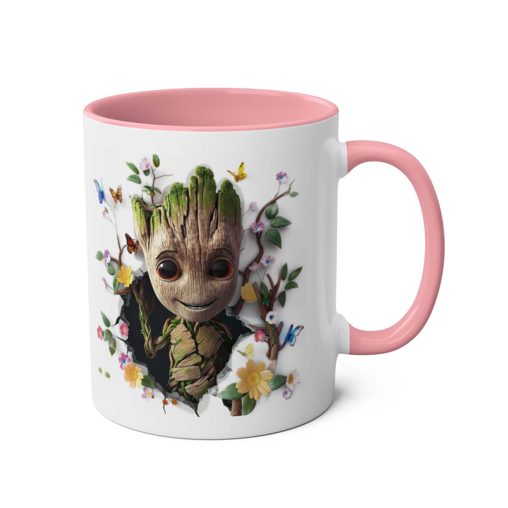 Baby Groot themed mug with colorful design, available in 7 colors, 11oz ceramic, microwave and dishwasher safe.