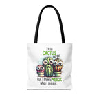 Fun cactus tote bag with cheeky design and colorful handles for everyday use