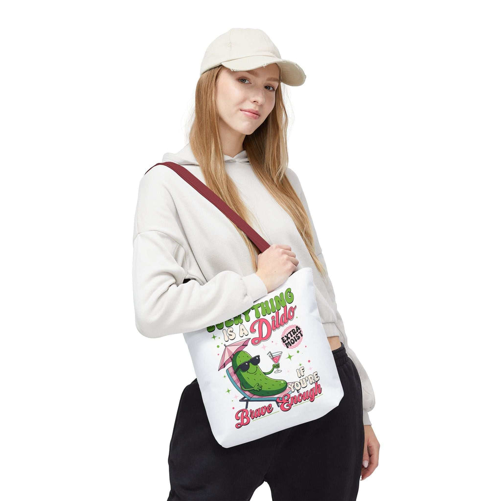 Cheeky Quote Pickle Tote Bag with fun design, durable spun polyester, multiple sizes and handle colors
